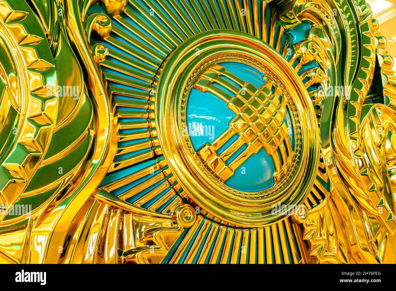 Big gilded model of national emblem and coat of arms of Kazakhstan, on display in National Museum of Kazakhstan, Astana, Nur-Sultan, Kazakhstan Stock Photo