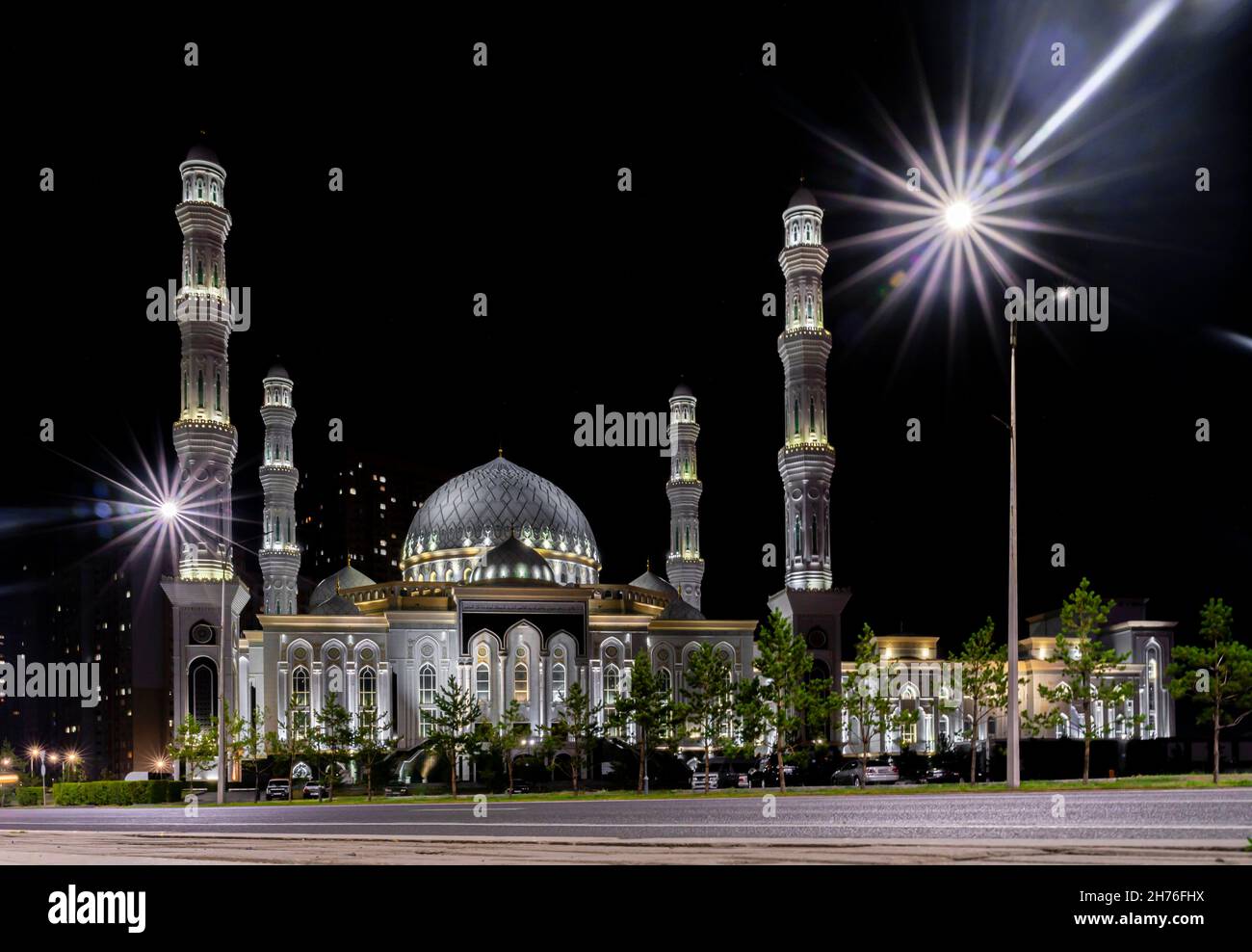 Night view of Hazrat Sultan Mosque, Astana, Nur-Sultan, Kazakhstan. Opened in 2012. It is the largest mosque in Central Asia. Stock Photo