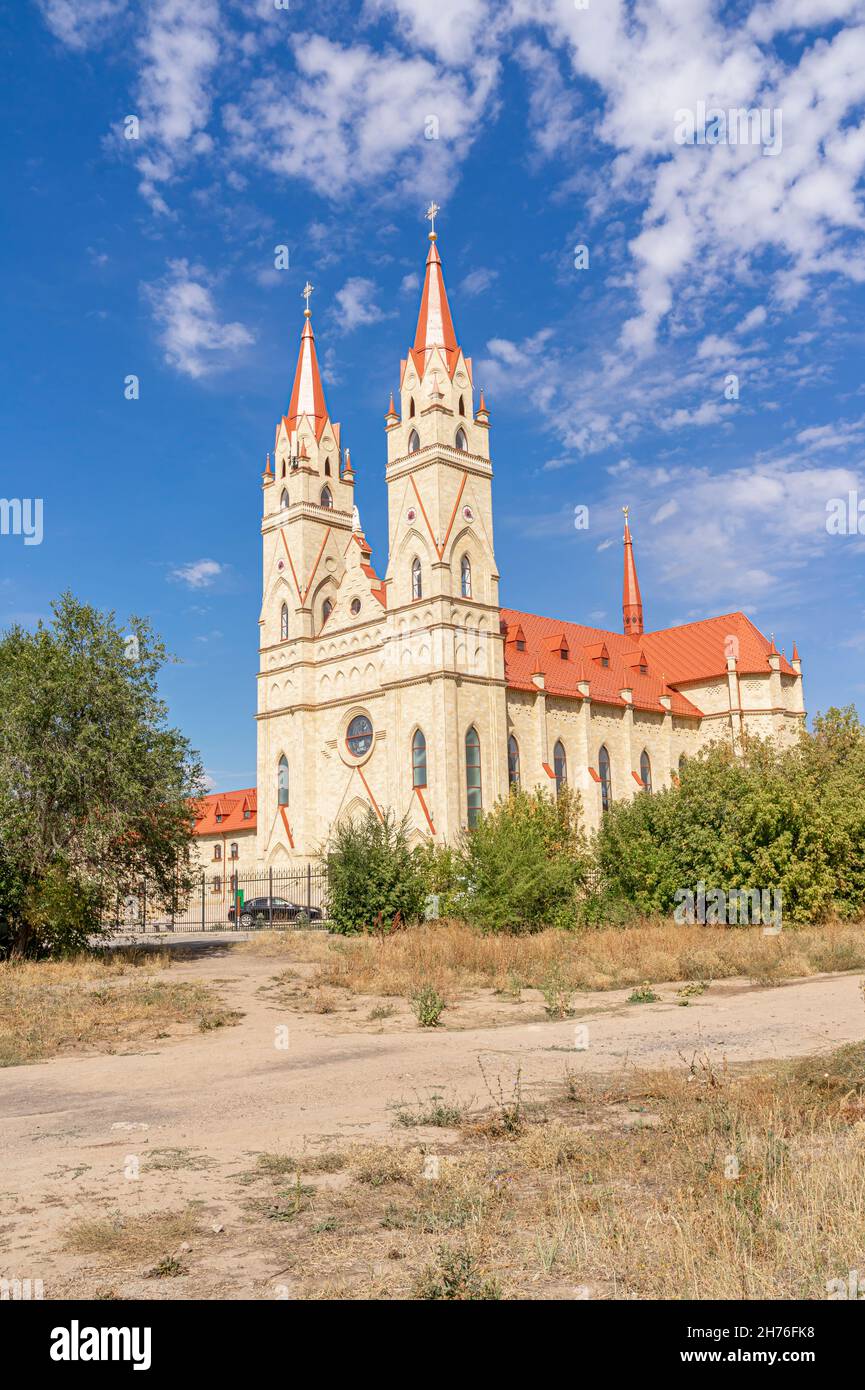 The Cathedral of Our Lady of Fatima building exterior, in Neo-Gothic style. Founded in 2012. Karagandy, Kazakhstan, Central Asia Stock Photo