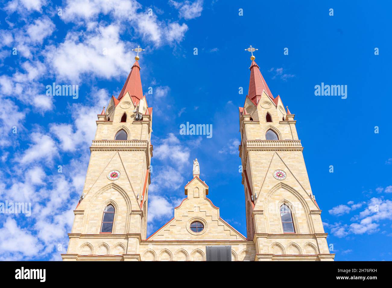 The Cathedral of Our Lady of Fatima building exterior, in Neo-Gothic style. Founded in 2012. Karagandy, Kazakhstan, Central Asia Stock Photo