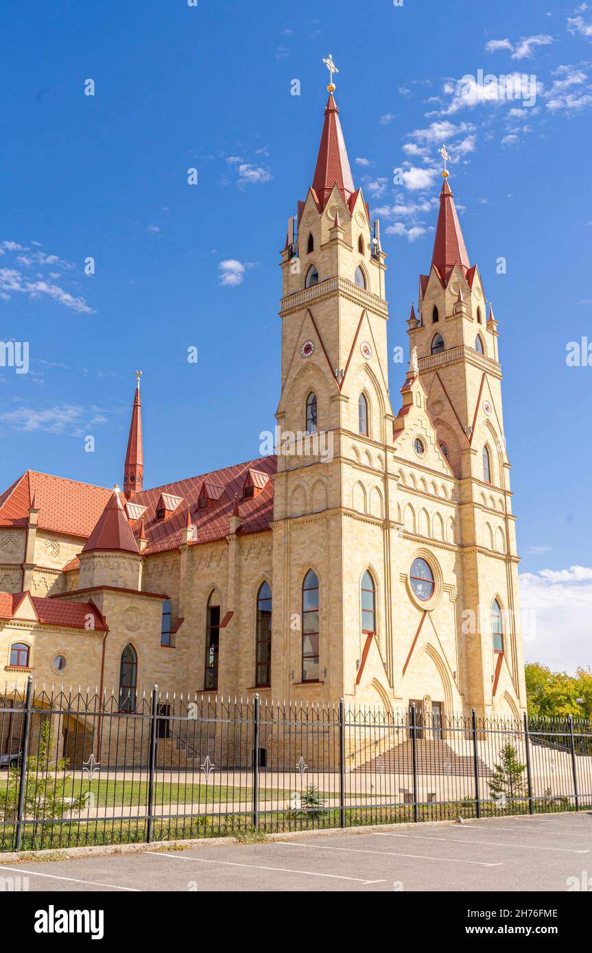 The Cathedral of Our Lady of Fatima building exterior, in Neo-Gothic style. Founded in 2012. Karagandy, Kazakhstan, Central Asia Stock Photo