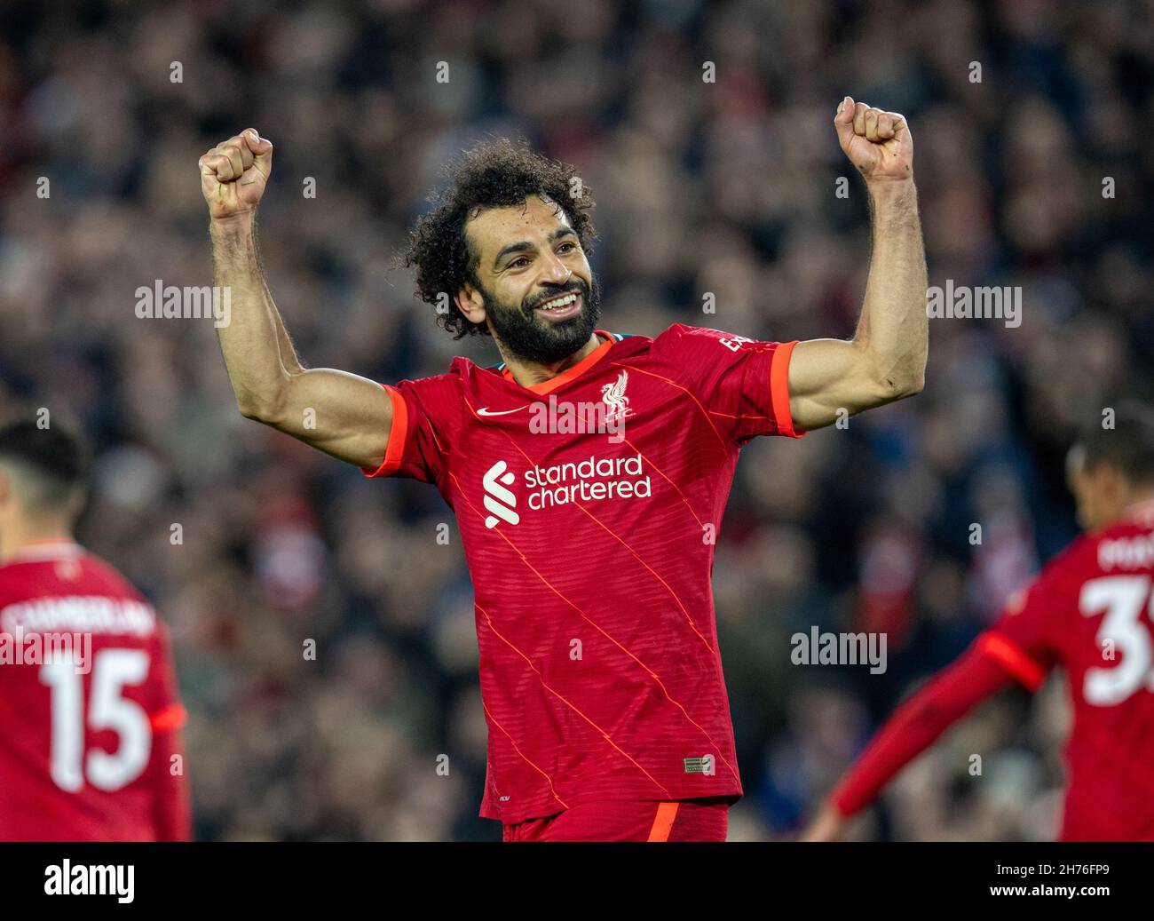 Liverpool. 21st Nov, 2021. Liverpool's Mohamed Salah celebrates
