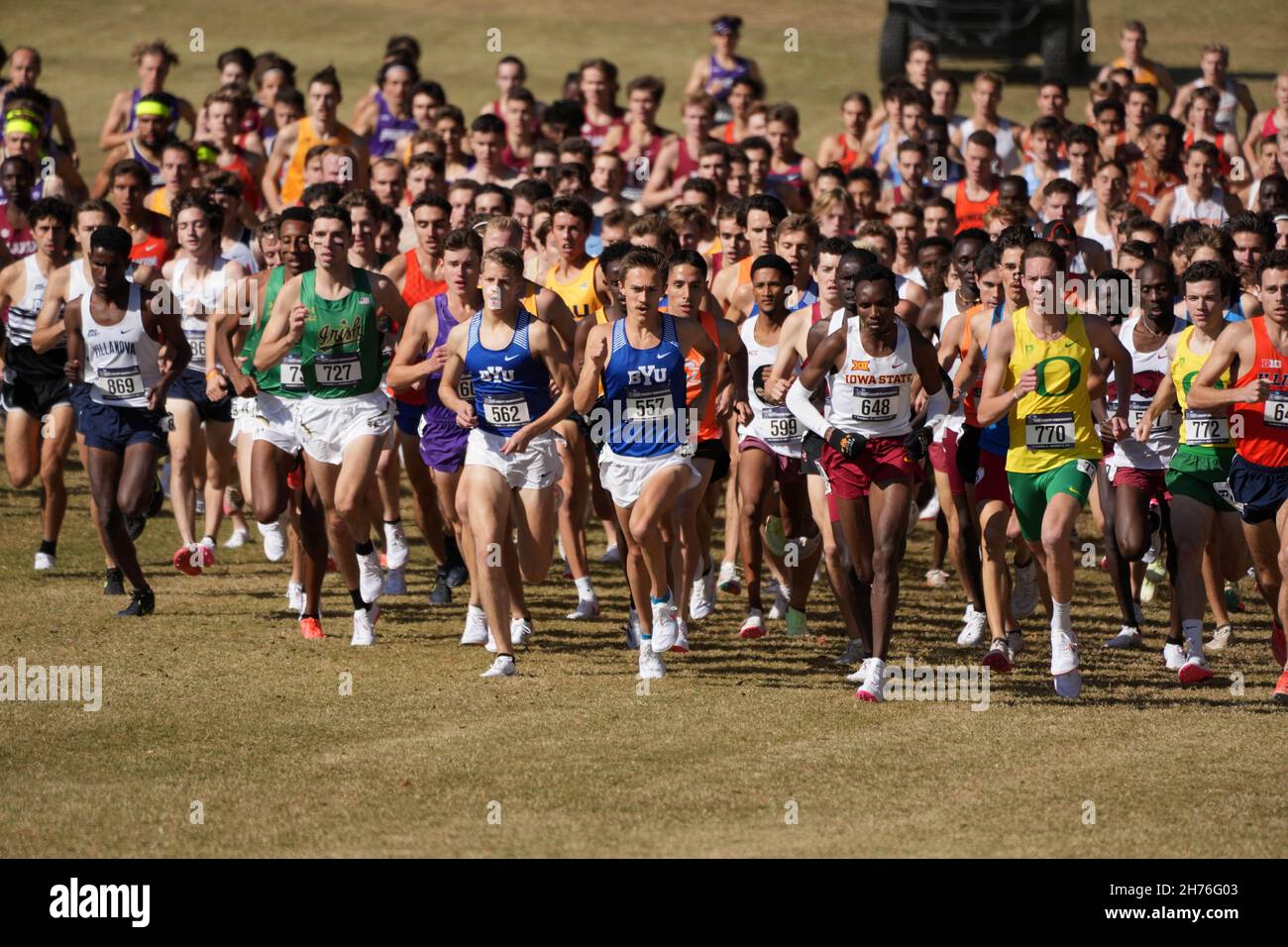 The lead pack in the men's race, Dylan Jacobs of Notre Dame (727), Creed Thompson (562) and Conner Mantz (560) of BYU, Wesley Kiptoo of Iowa State (64 Stock Photo
