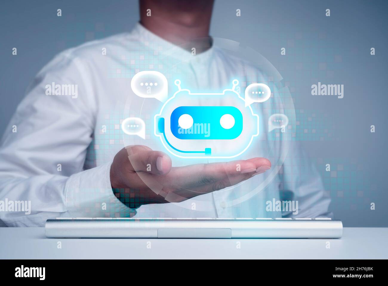 Digital chatbot concept. Virtual bot icon with speech bubbles symbol on ...