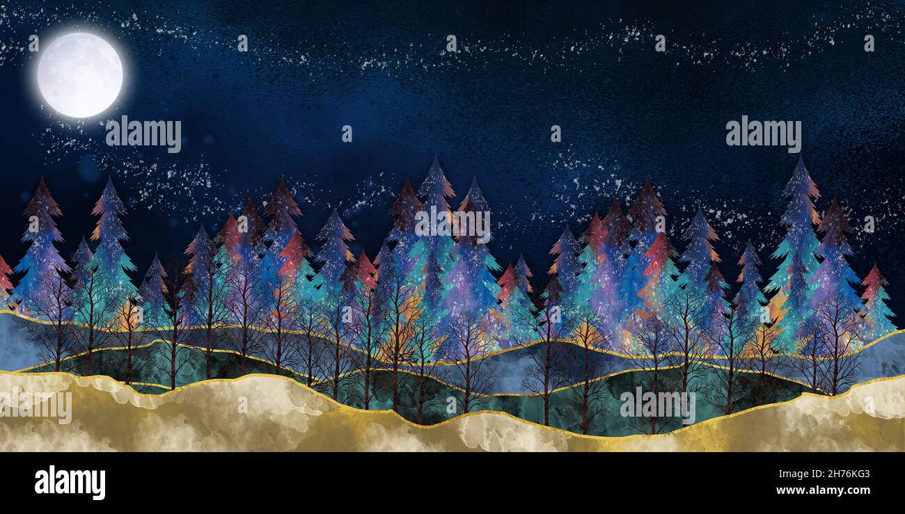 d modern art mural wallpaper landscape with dark blue Jungle, forest dark  blue background colorful christmas tree and mountain . for interior home dec  Stock Photo - Alamy, image size:1300x739