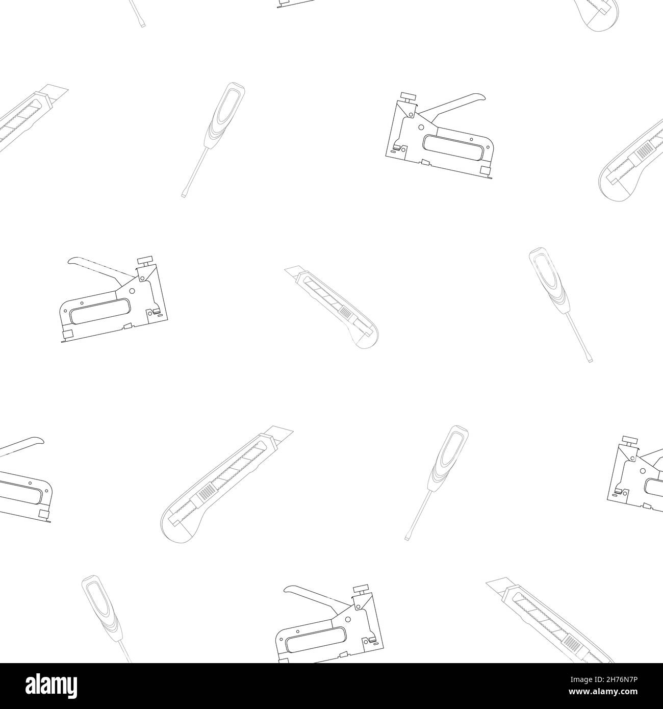 Pattern flat screwdriver and construction knife, construction stapler with a simple, classic shape. Linear design. On a white background. Tools for Stock Vector