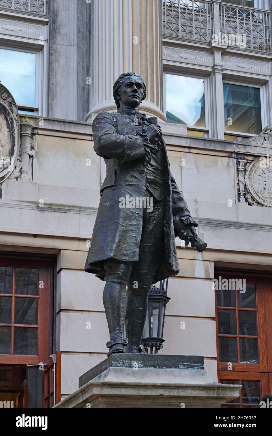 New York City, USA - November 15, 2021: Statue of Alexander Hamilton on the campus of Columbia University, in front of the building named after him. Stock Photo