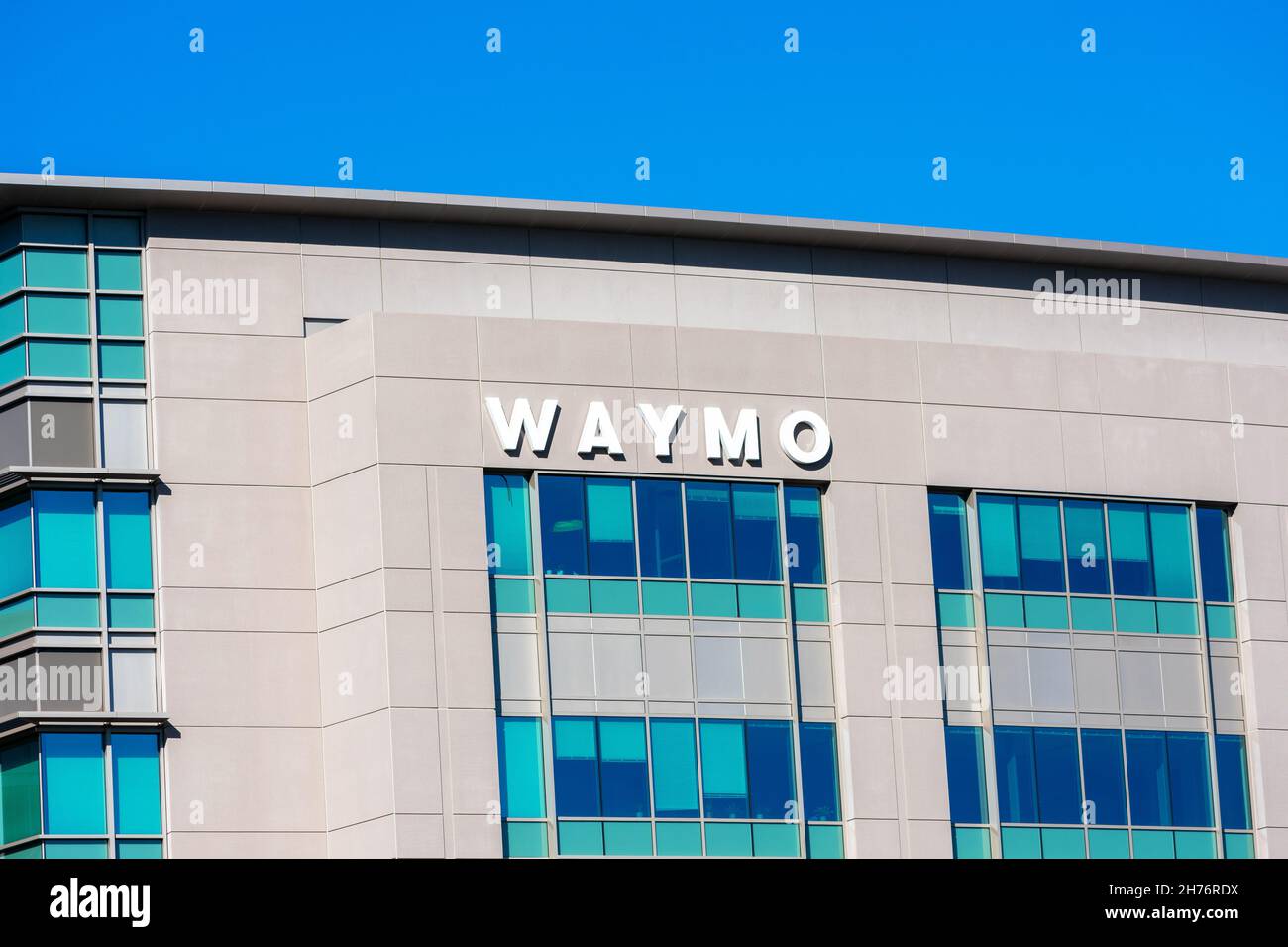 Waymo sign, logo on headquarters an American autonomous driving technology development company - Mountain View, California, USA - 2021 Stock Photo