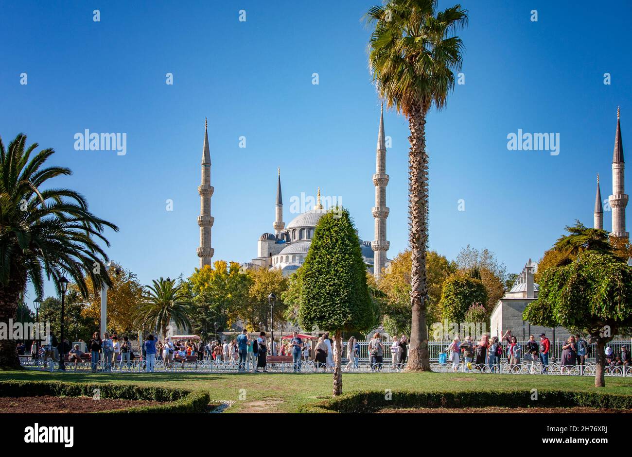 ISTANBUL, TURKEY. SEPTEMBER 26, 2021. Street view of the city Hagia Sophia mosque on the background. Daylight Stock Photo