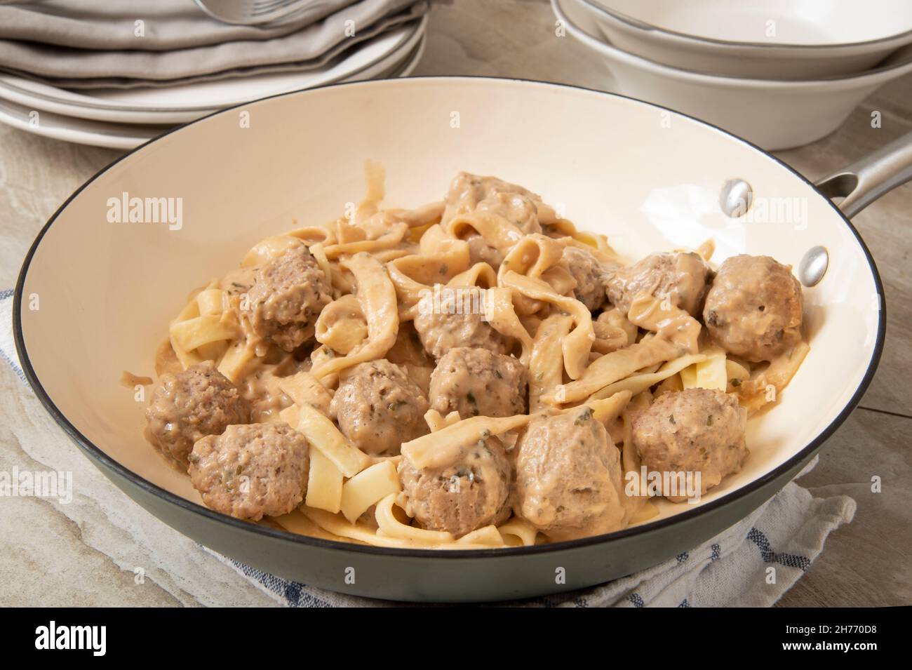 Homemade Swedish meatballs in a serving pan close up Stock Photo