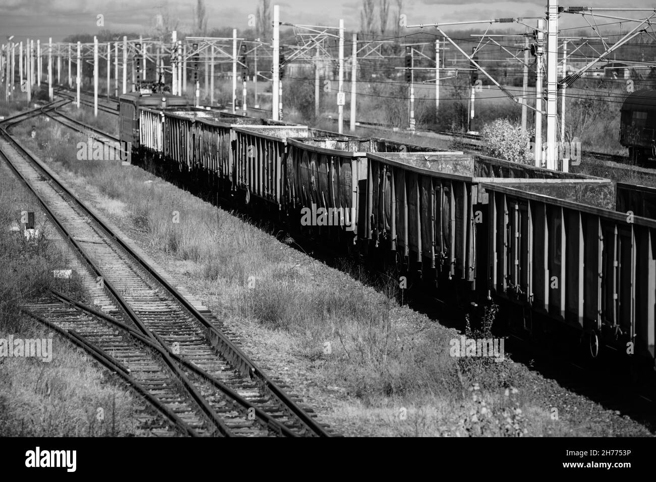 Empty old freight train wagons and in a station. Stock Photo