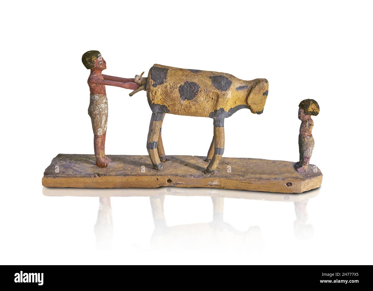 Ancient Egyptian wooden tomb model of a calving cow, 1900-1786 BC, 12th Dynasty, Asyut. Museum of Fine Arts of Lyon. Painted sucamore wood.  This anci Stock Photo