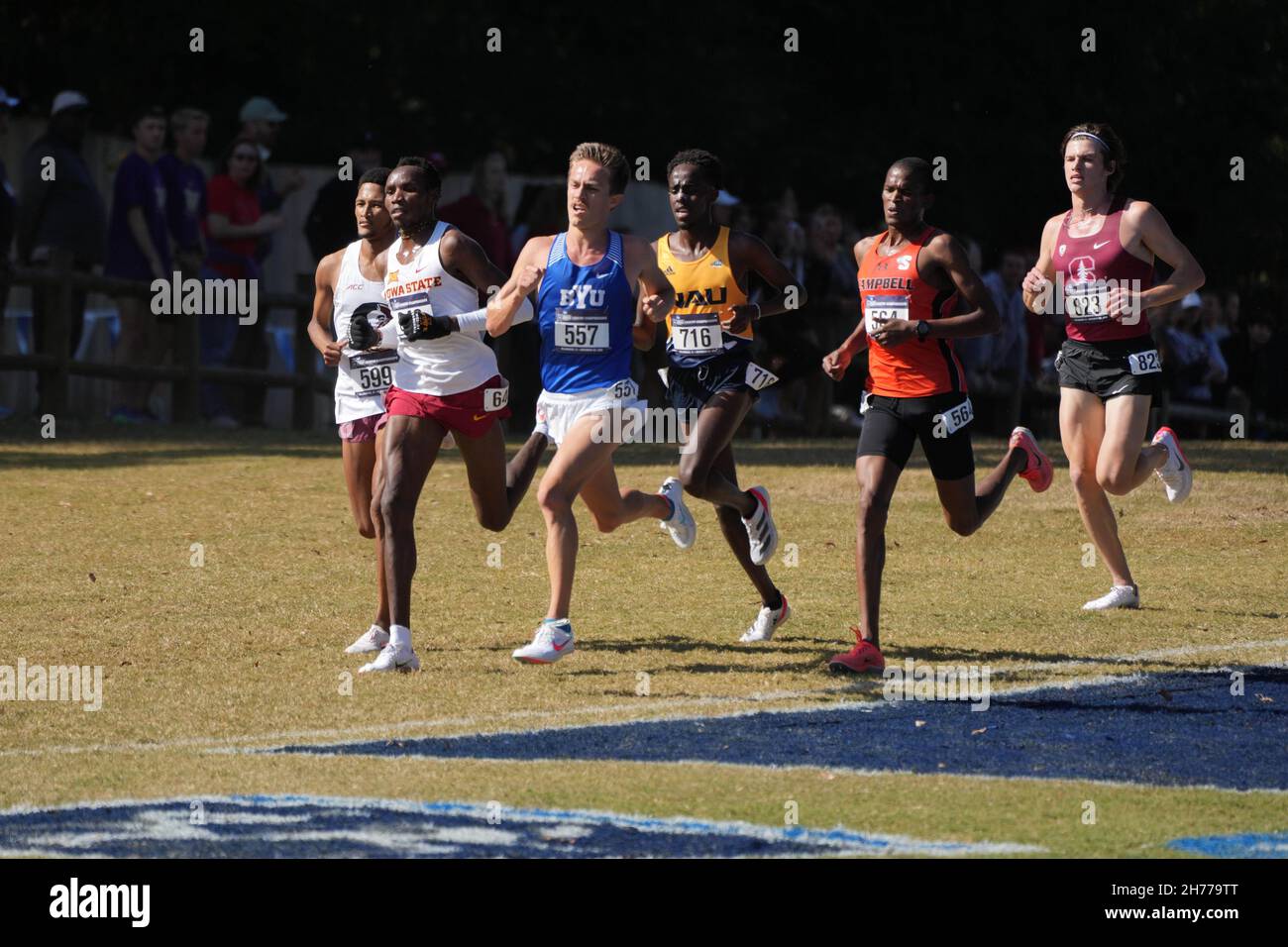 Wesley Kiptoo of Iowa State, Conner Mantz and Athanas Kioko of Campbell lead the men's race during the NCAA cross country championships at Apalachee R Stock Photo