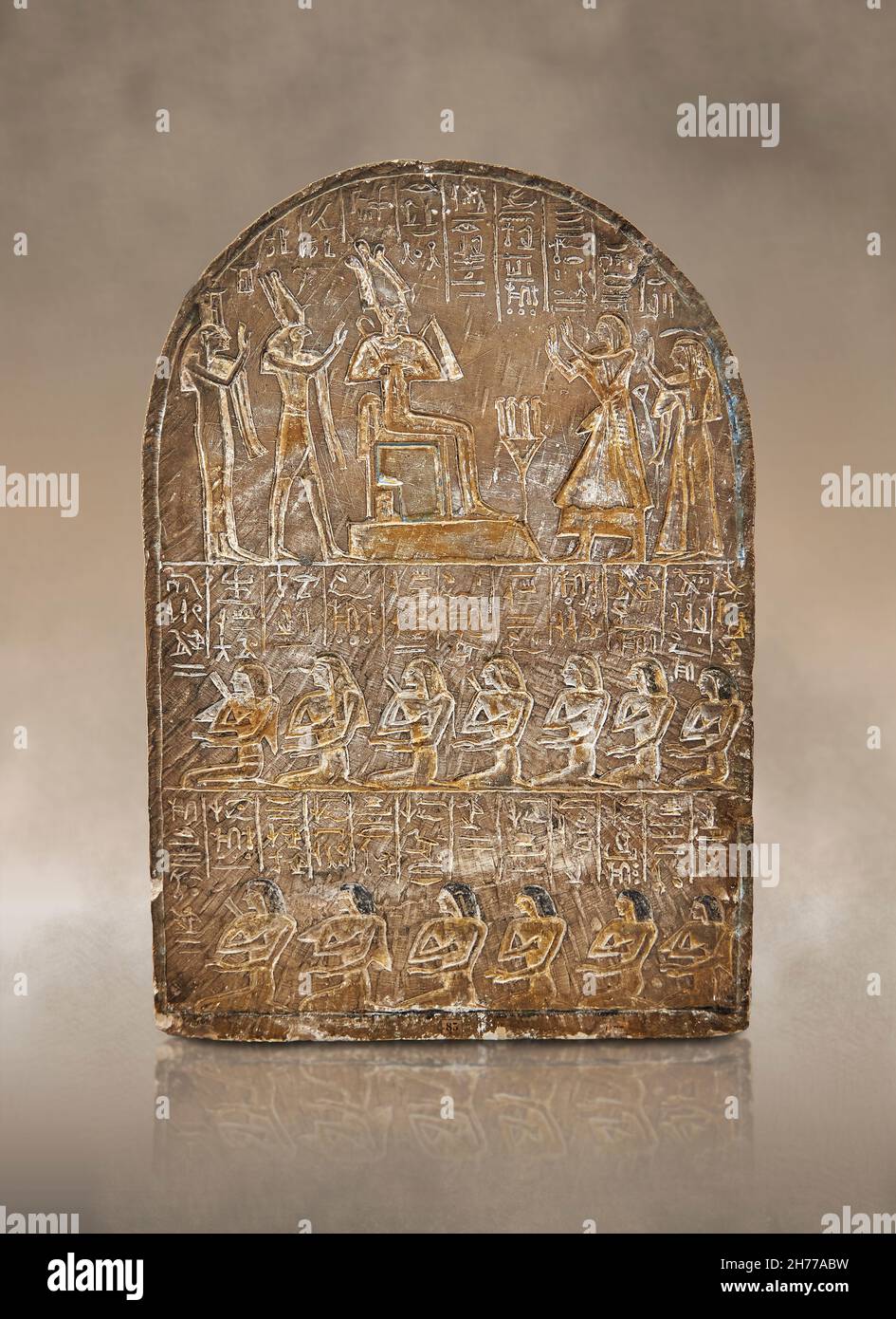 Ancient Egyptian stele of Nefer-Ptah, 1307-1196 BC, 19th Dtnasty, Abydos. Museum of Fina Arts Lyon inv H1381. Stele consecrated to the Adybenian gods Stock Photo