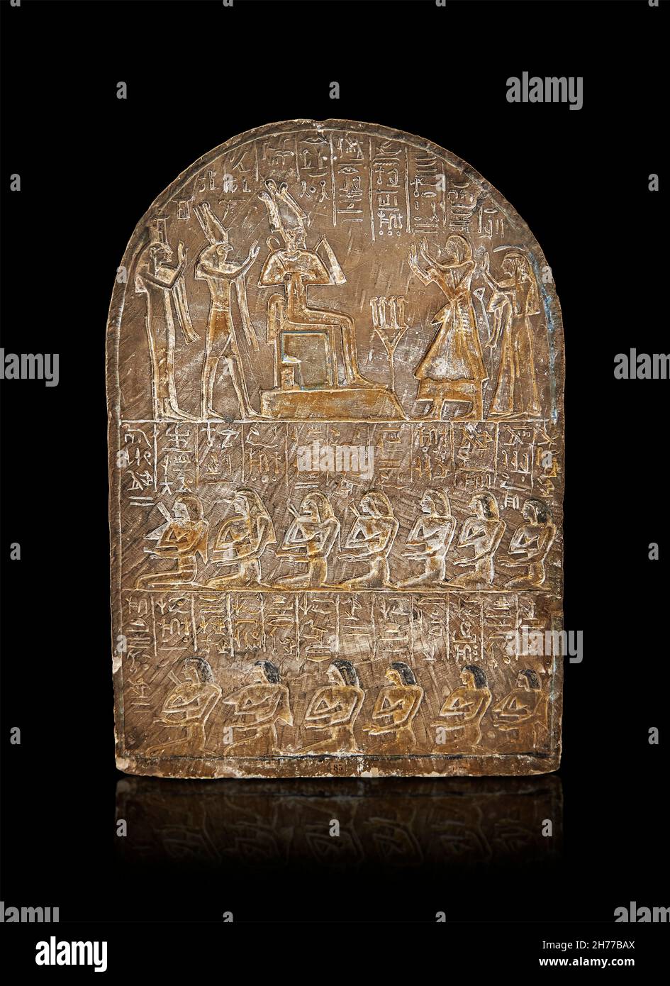 Ancient Egyptian stele of Nefer-Ptah, 1307-1196 BC, 19th Dtnasty, Abydos. Museum of Fina Arts Lyon inv H1381. Stele consecrated to the Adybenian gods Stock Photo