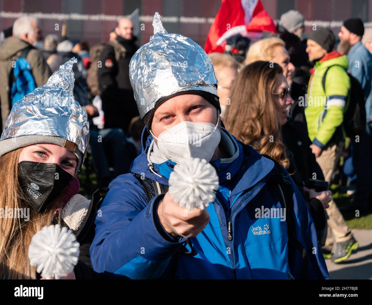 Vienna, Austria - November 20 2021: Anti-Vax Covid-19 Demonstrator wearing Tin Foil Hat in Vienna Stock Photo
