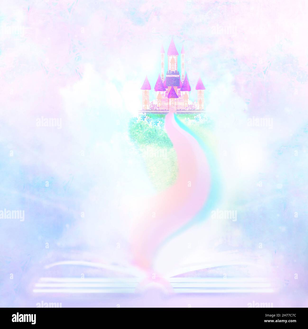 Magic world of tales, fairy castle appearing from the book Stock Photo ...