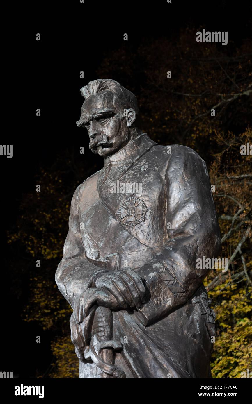 Statue of Marshal Józef Piłsudski by night at Belweder Palace in city of Warsaw in Poland. Stock Photo