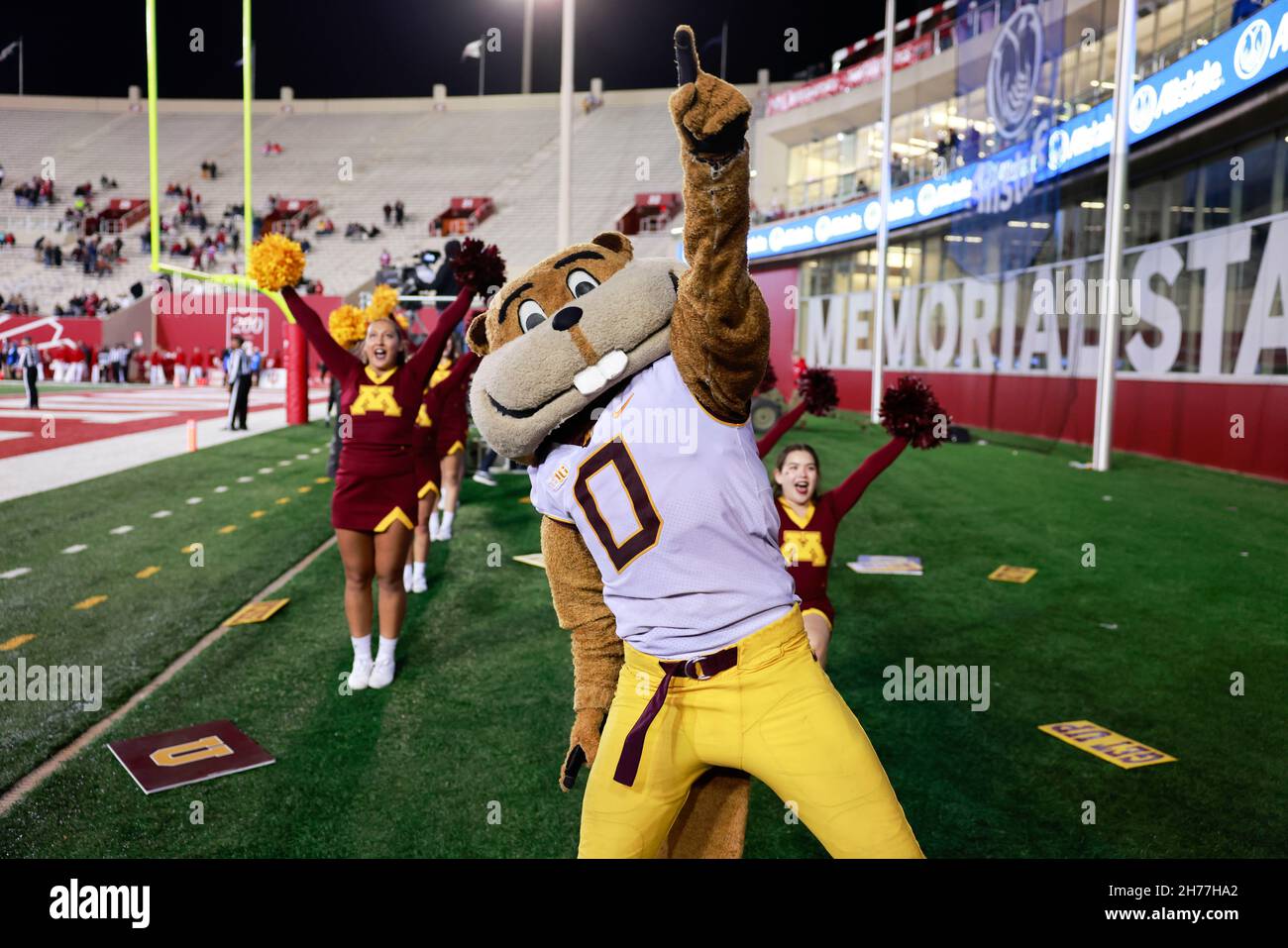 Bloomington, United States. 20th Nov, 2021. Minnesota's cheerleaders and mascot, Goldy, cheer against Indiana University during an NCAA football game at Memorial Stadium in Bloomington, Ind. IU lost to Minnesota 35-14. (Photo by Jeremy Hogan/SOPA Images/Sipa USA) Credit: Sipa USA/Alamy Live News Stock Photo