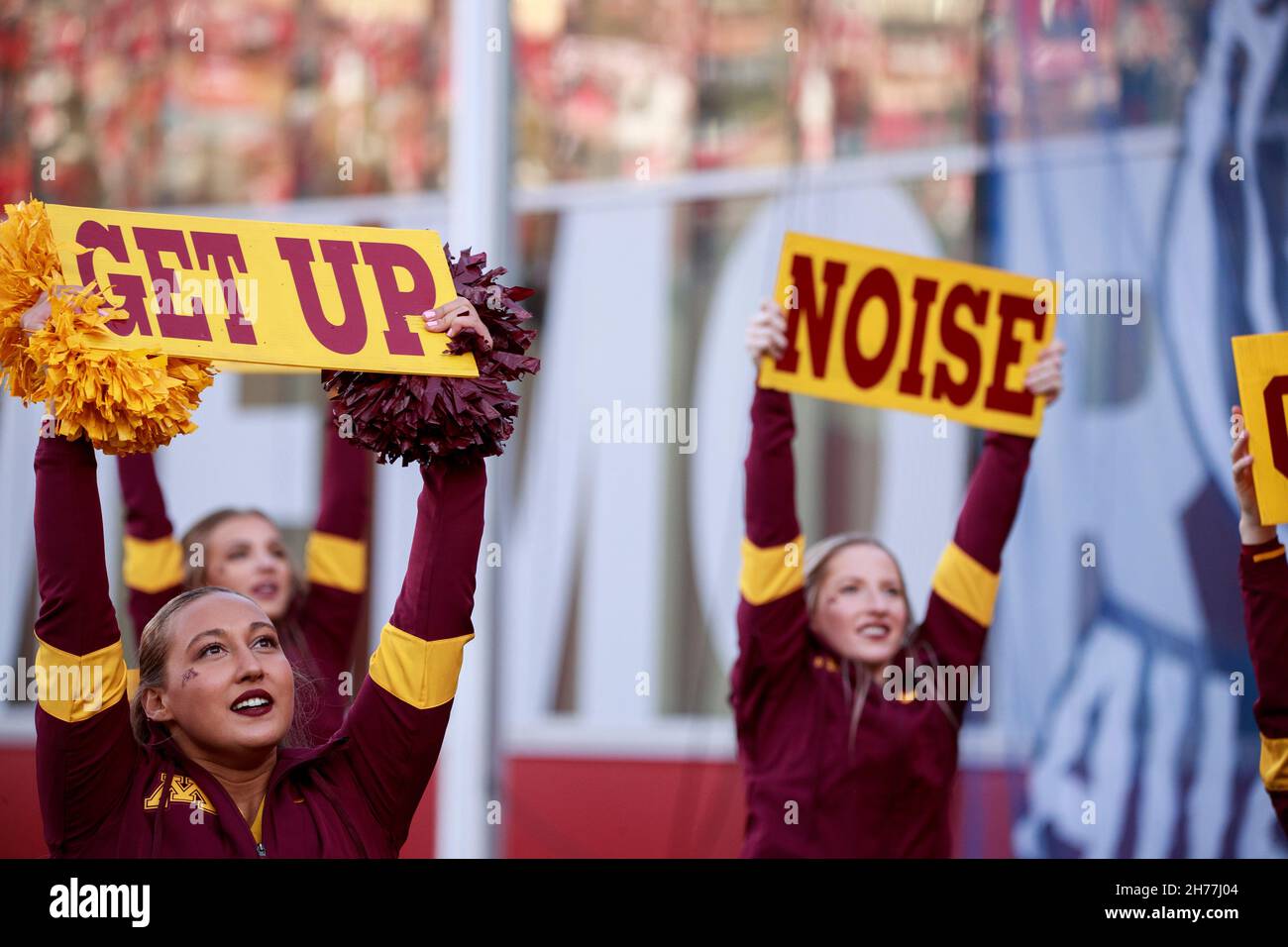 Bloomington, United States. 20th Nov, 2021. Minnesota cheerleaders cheer against Indiana University during an NCAA football game at Memorial Stadium in Bloomington, Ind. IU lost to Minnesota 35-14. Credit: SOPA Images Limited/Alamy Live News Stock Photo