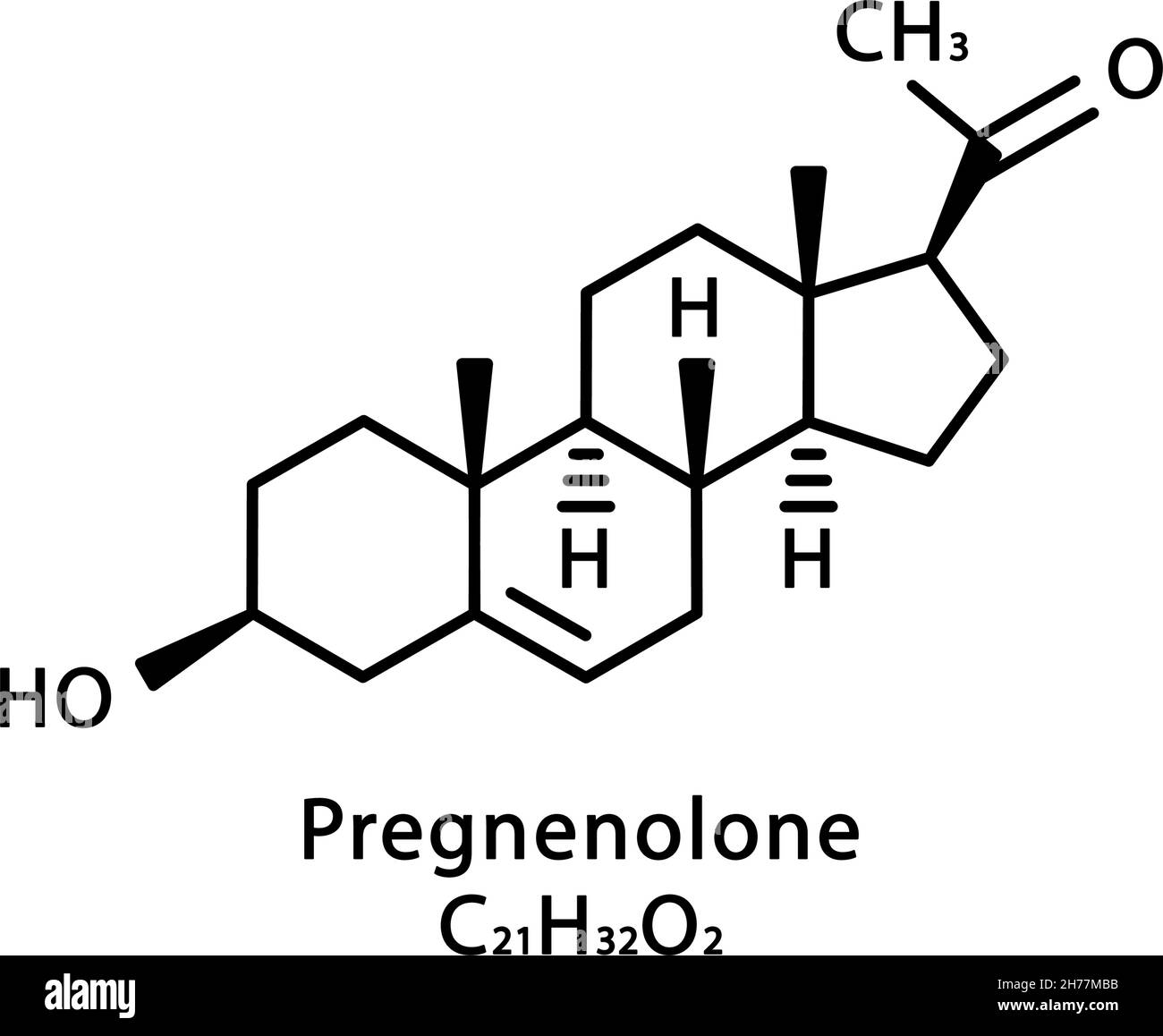 Pregnenolone molecular structure. Pregnenolone skeletal chemical formula. Chemical molecular formula vector illustration Stock Vector