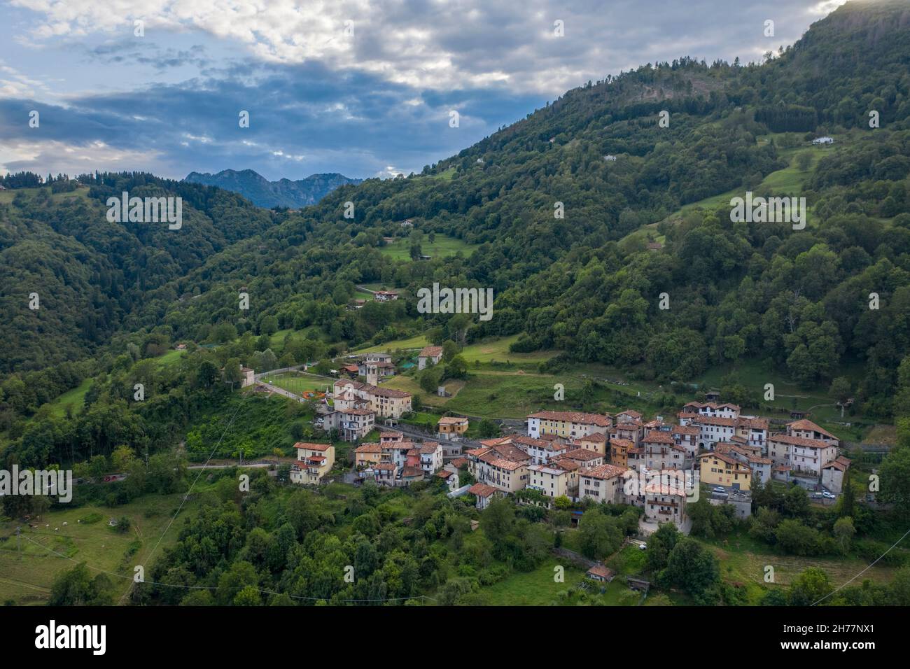 A panoramic view of  Avenone, village of  Pertica Bassa,  the Brescia and Garda Prealps, Comunità Montana della Valle Sabbia. Valle Sabbia, Brescia It Stock Photo