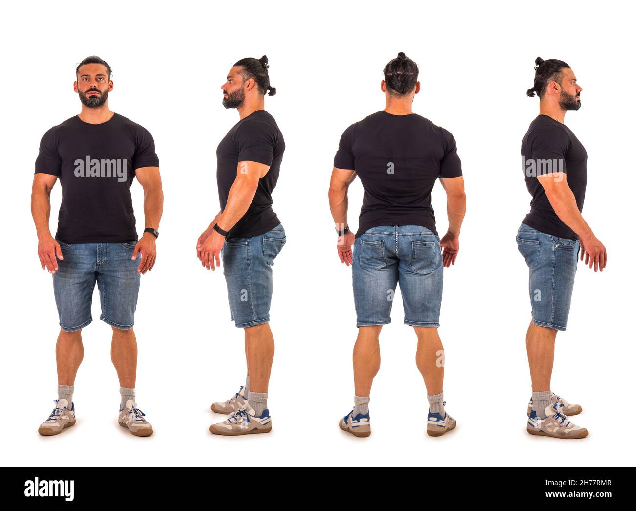 Four views of bodybuilder: back, front, sides Stock Photo