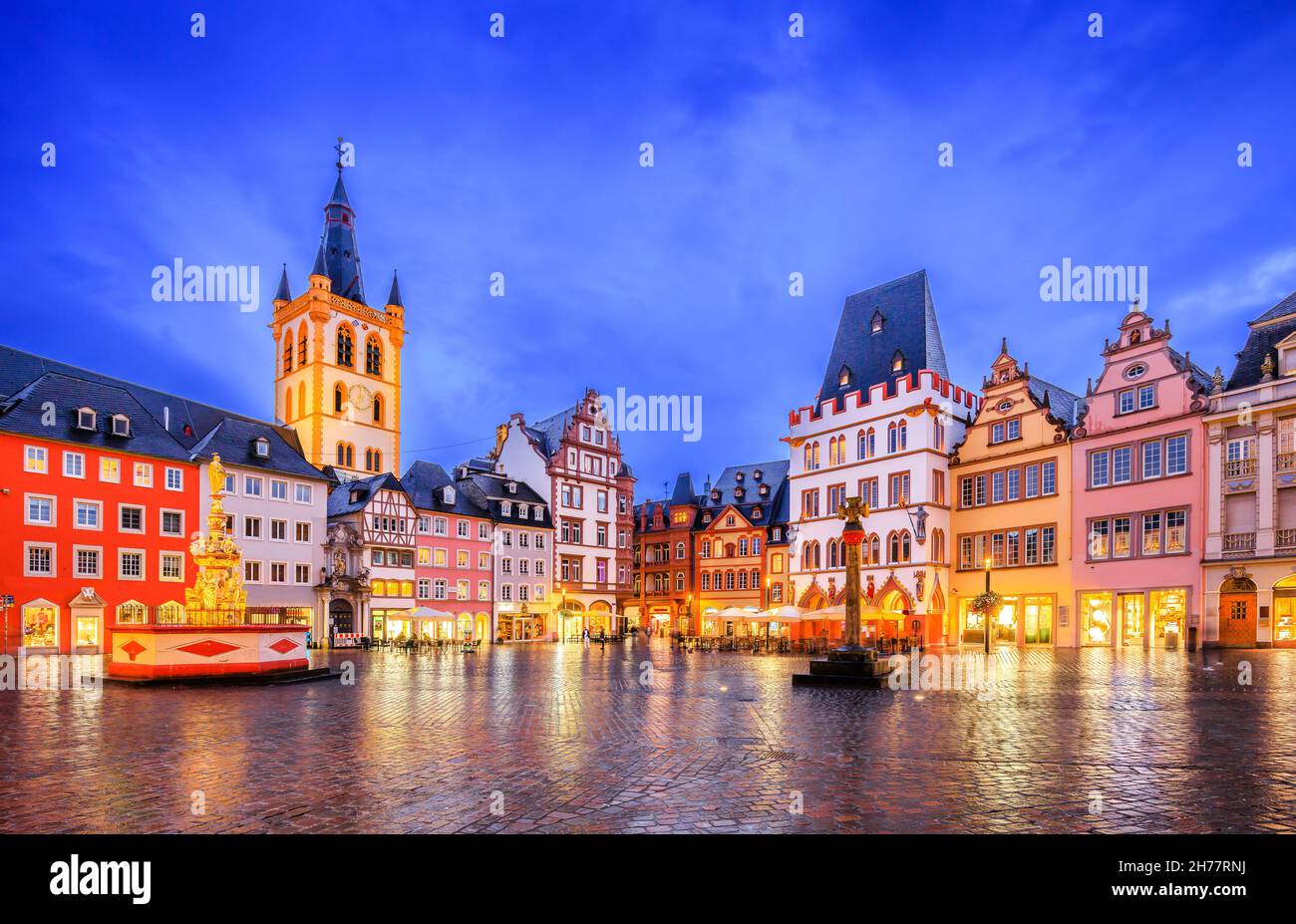 Trier, Germany. Hauptmarkt market square and St. Gangolf church. Stock Photo