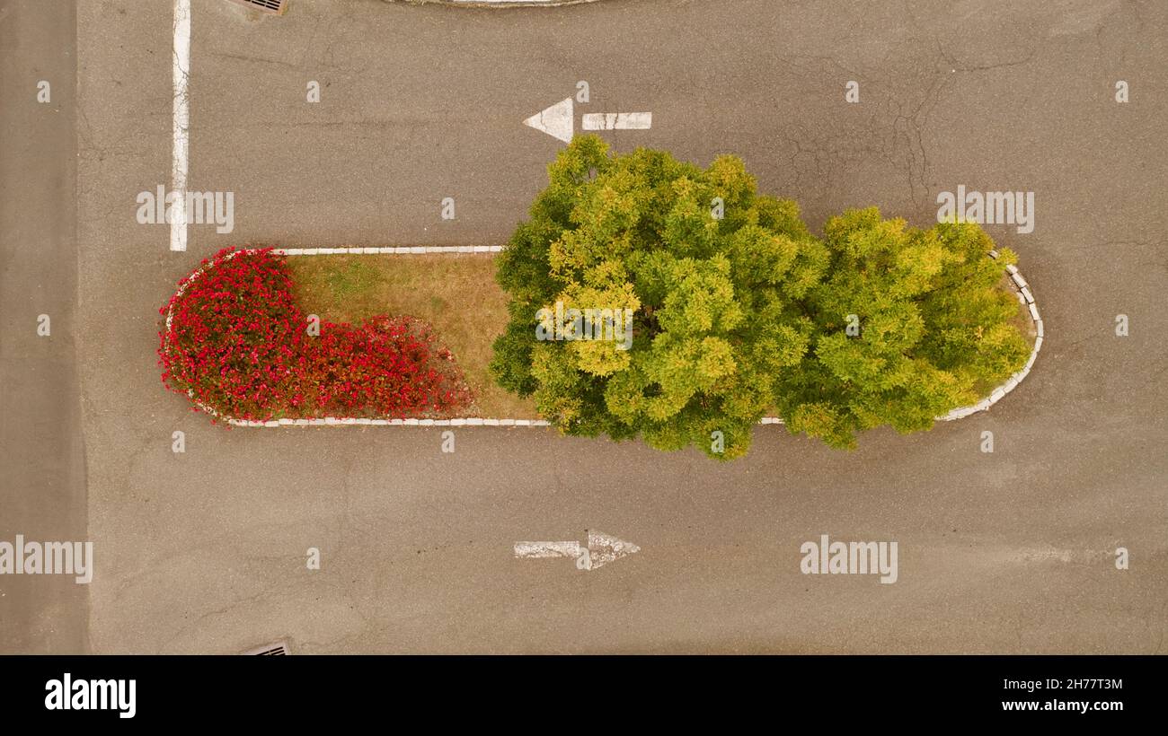 An aerial shot of a floral road median in a parking lot entrance in the