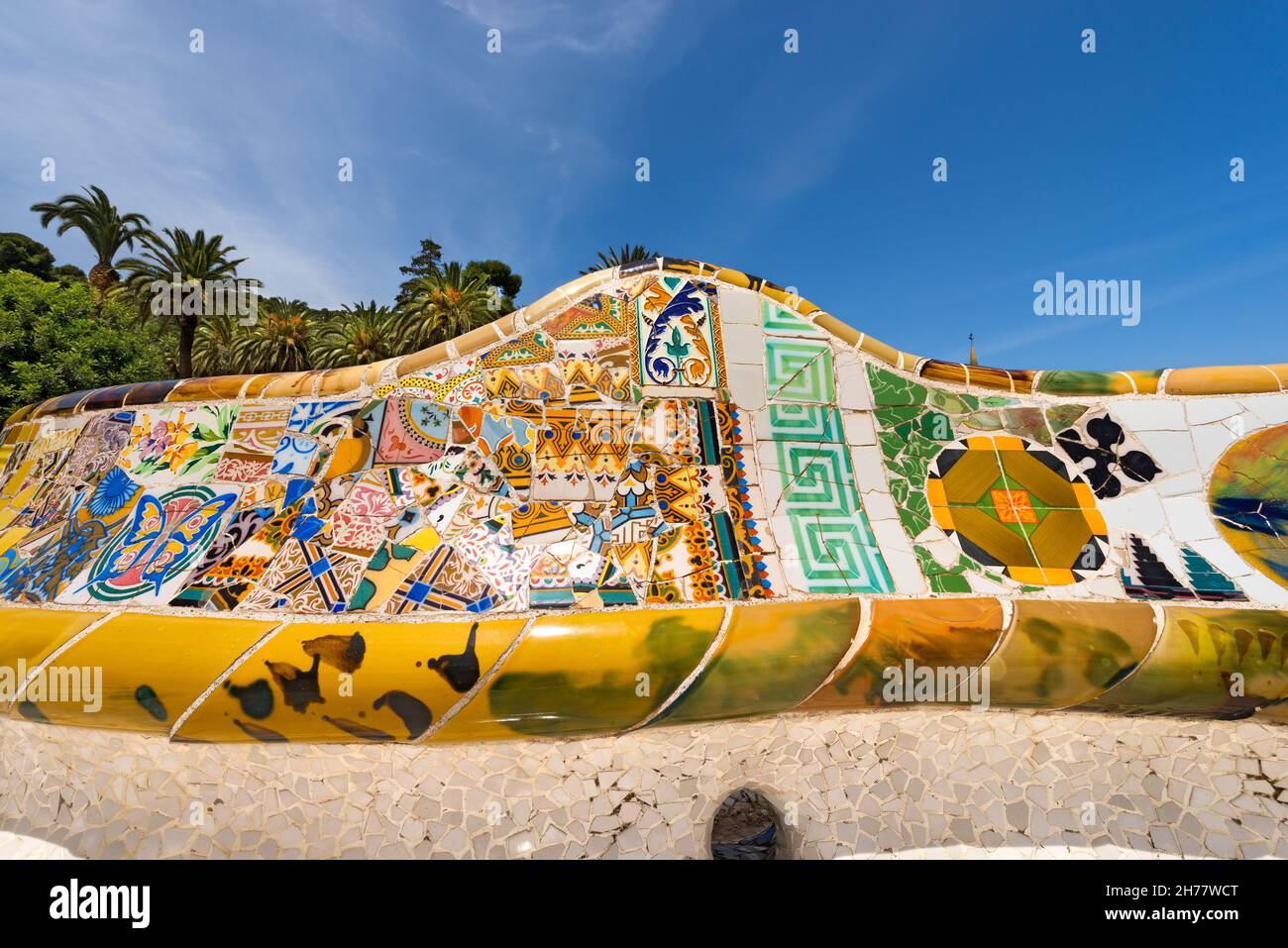 Close-up of a ceramic bench in the Park Guell designed by the famous architect Antoni Gaudí (1852-1926). UNESCO World Heritage Site. Stock Photo