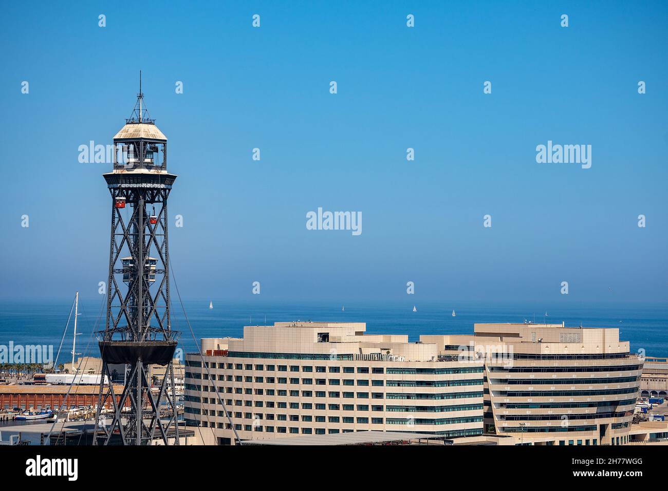 Barcelona Catalonia Spain. Overhead cable car of the Barceloneta beach ...