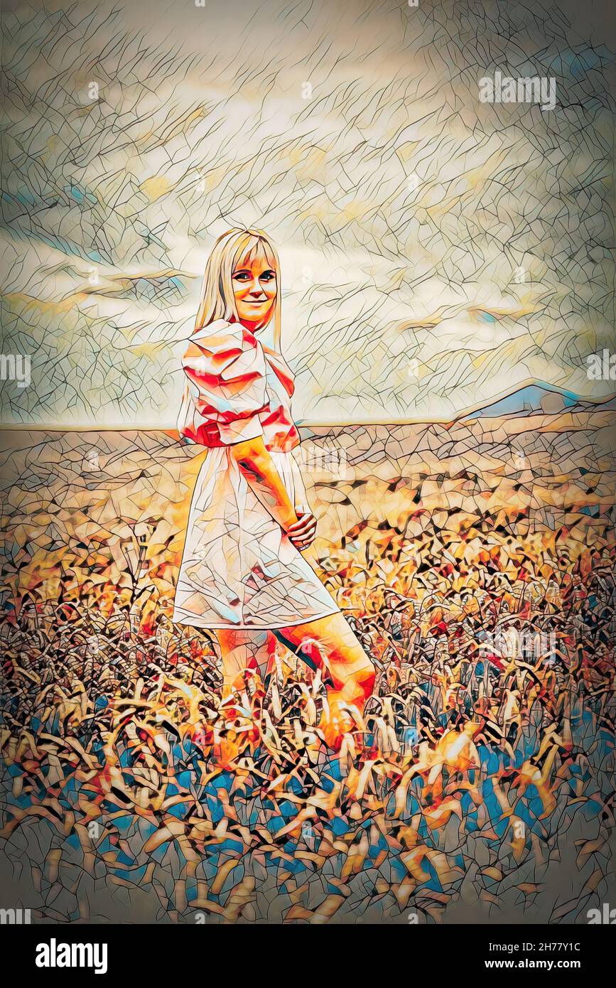 Beautiful woman in ornamental clothing in a wheat field and mosaic