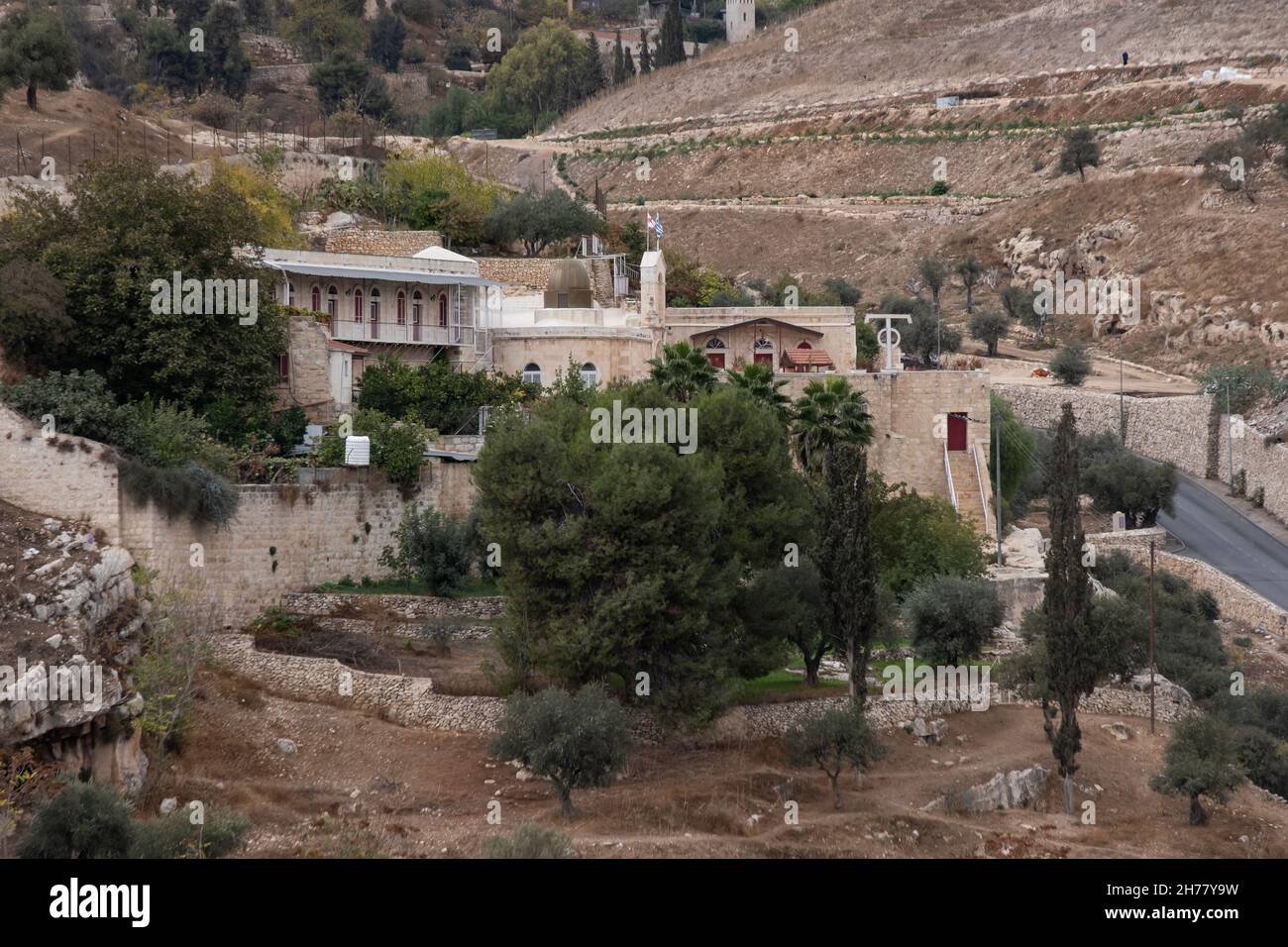 View of the Greek Orthodox Monastery of St Onuphrius in Aceldama or Akeldama also spelt Aceldama, Hekeldama and Hakeldama on the southern face of Hinnom valley the modern name for the biblical Gehenna or Gehinnom valley surrounding Jerusalem's Old City, Israel Stock Photo