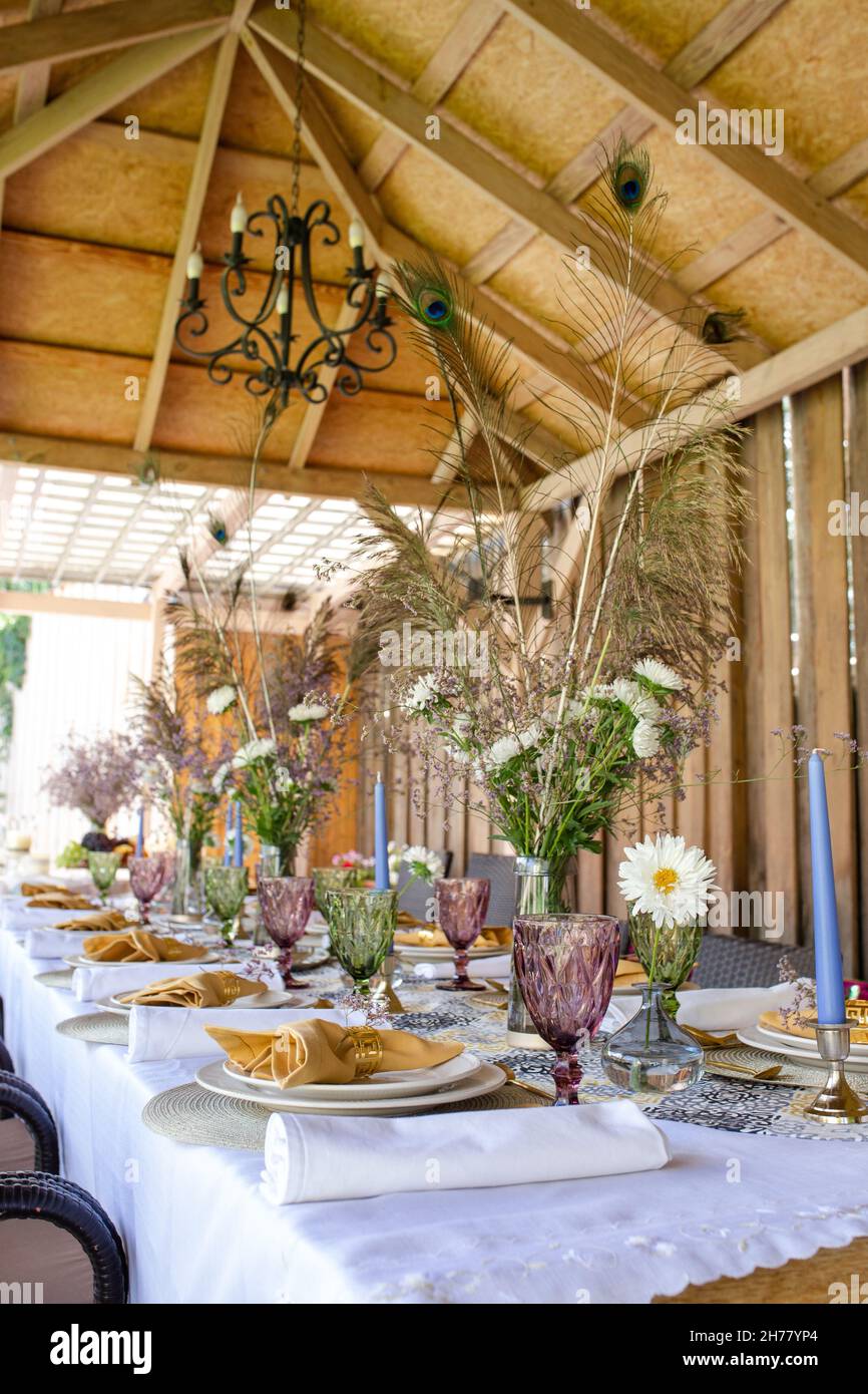 stylish cutlery for festive table setting. festive decor. Stock Photo