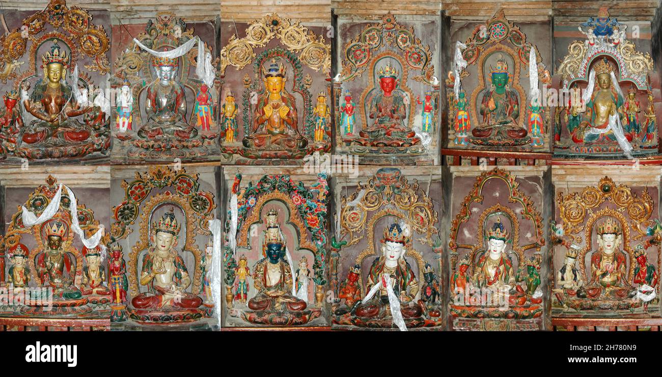 Set of twelve tibetan deities statues in the tibetan monastery in China. Buddhism concept Stock Photo