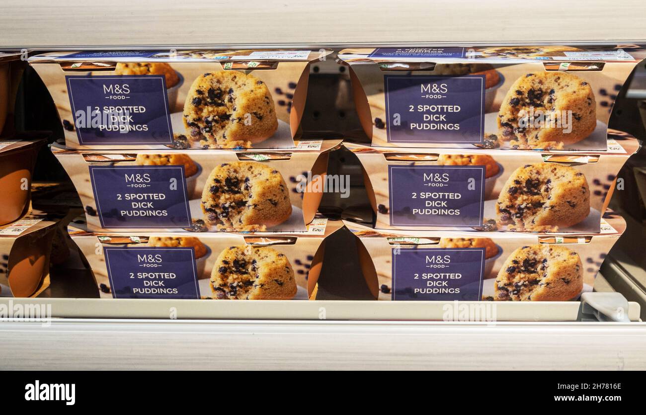 M&S food hall shelf with spotted dick puddings on offer, a traditional