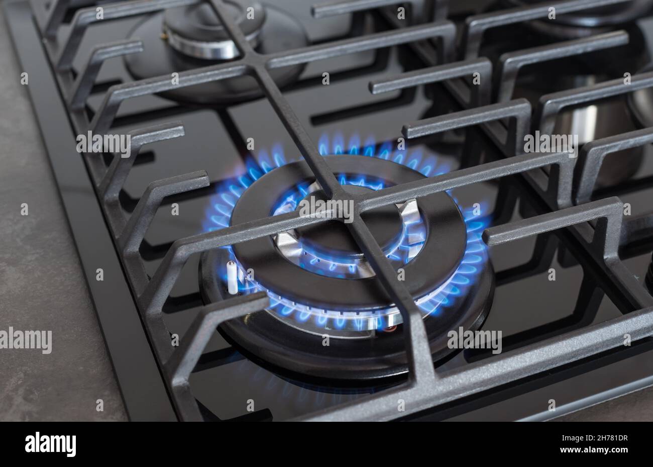 Gas stove burner with blue flames Stock Photo Alamy