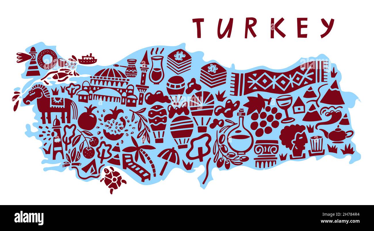 Vector hand drawn stylized map of Turkey landmarks. Turkey Republic travel illustration. Geography illustration. Mediterranean map element Stock Vector