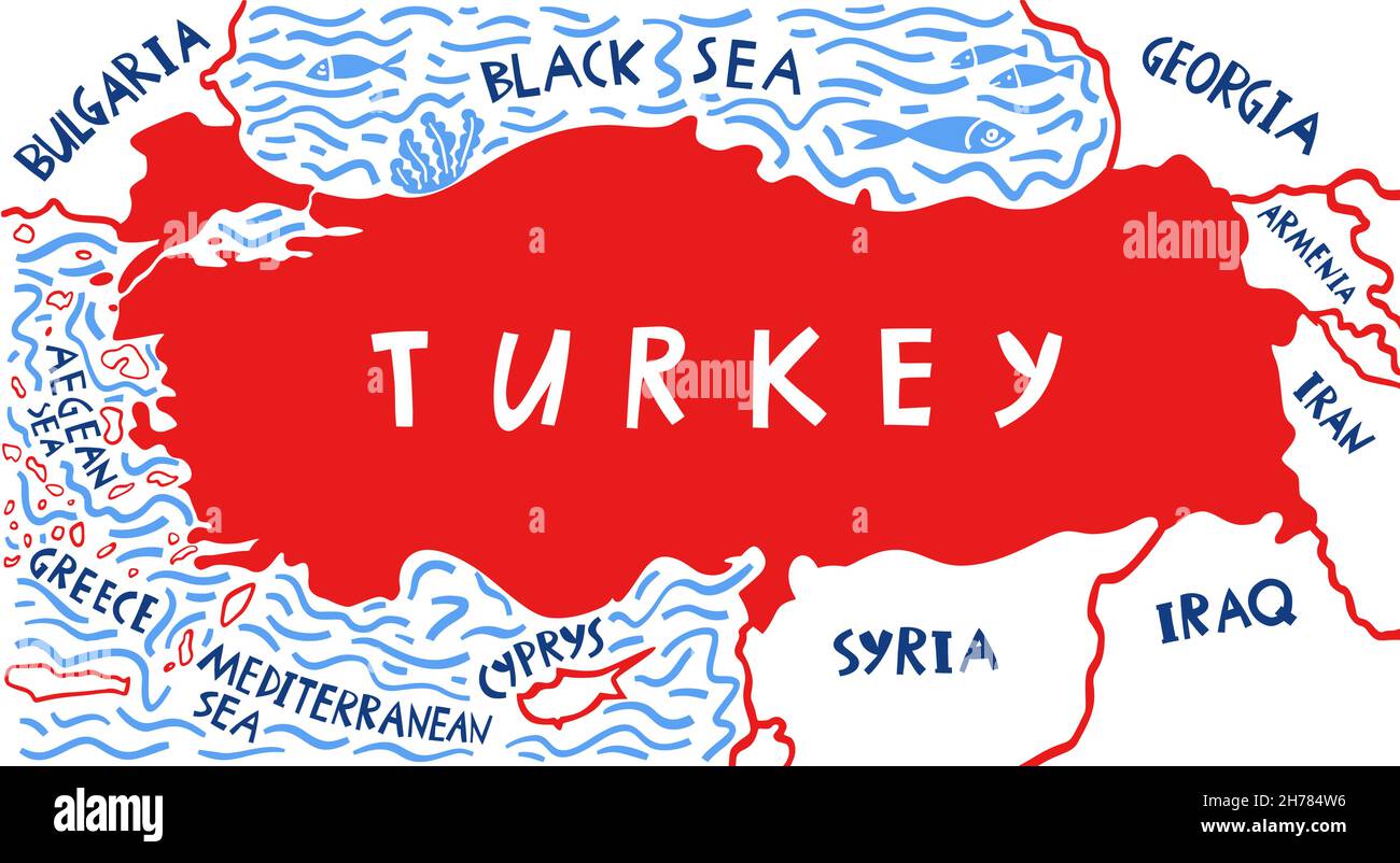 Vector hand drawn stylized map of Turkey with neighboring countries. Turkey Republic travel illustration. Geography illustration. Mediterranean map el Stock Vector