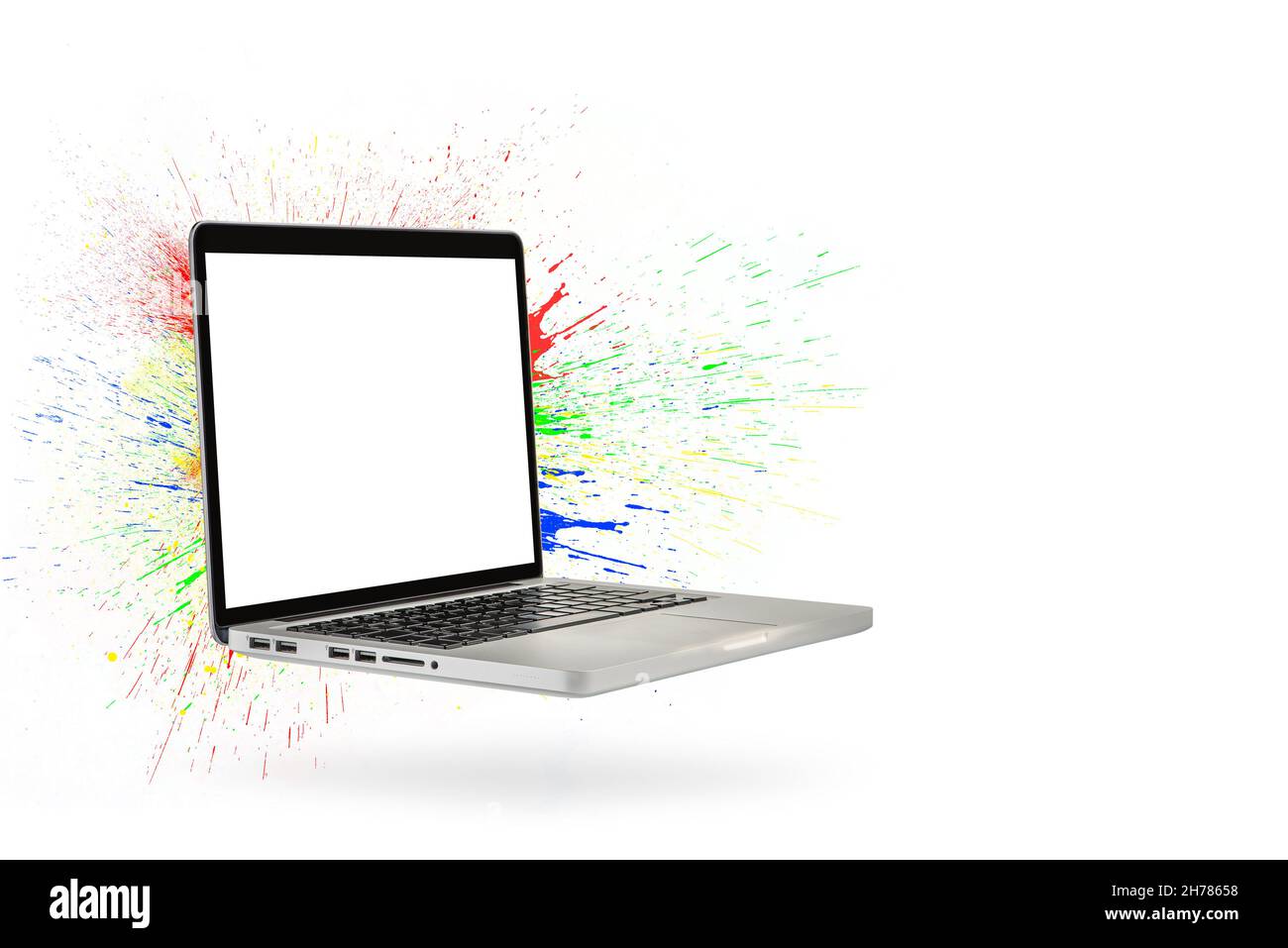 Calibration of laptop screen, monitor color, tablet or laptop. Modern laptop  isolated on white with green screen. Multi-colored spray splashes in all  Stock Photo - Alamy