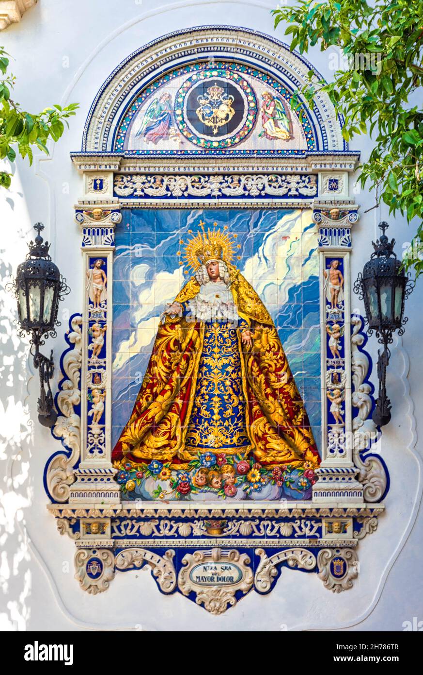 Tile in Church of San Dionisio in Jerez de la Frontera, Cádiz, with the image of Our Lady of Greater Pain from the Brotherhood of Greater Pain Stock Photo