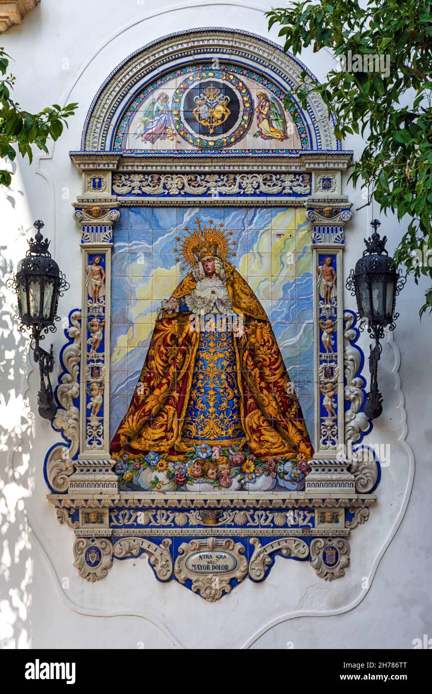 Tile in Church of San Dionisio in Jerez de la Frontera, Cádiz, with the image of Our Lady of Greater Pain from the Brotherhood of Greater Pain Stock Photo