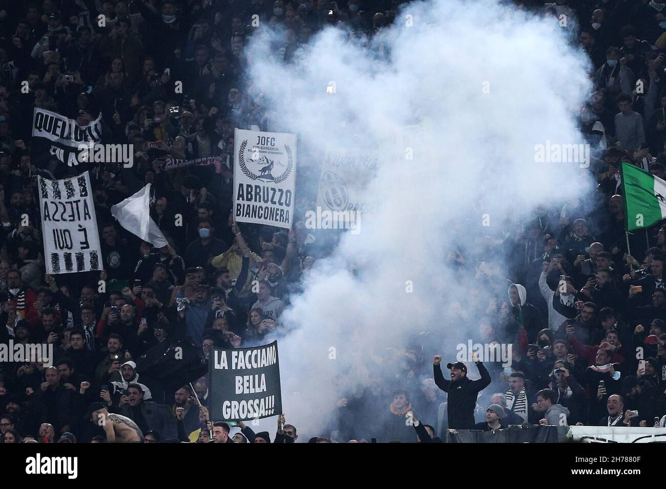 Supporters of Juventus during the Italian championship Serie A football match between SS Lazio and Juventus FC on November 20, 2021 at Stadio Olimpico in Rome, Italy - Photo: Federico Proietti/DPPI/LiveMedia Stock Photo