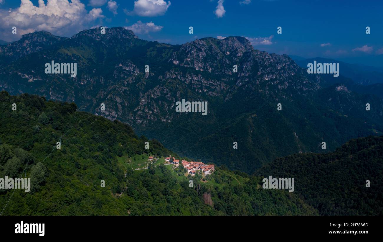 A panoramic view of  Presegno, village of  Lavenone,  the Brescia and Garda Prealps, Comunità Montana della Valle Sabbia. Valle Sabbia, Brescia Italy Stock Photo