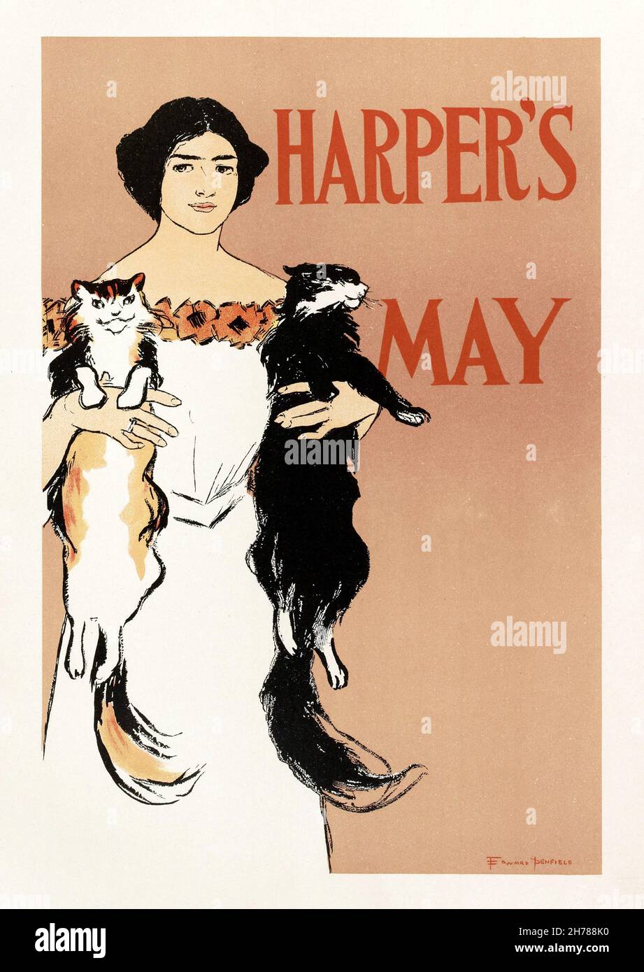 Young lady holding two cats in Poster advertising the May issue of Harper’s magazine by Edward Penfield1890s Stock Photo