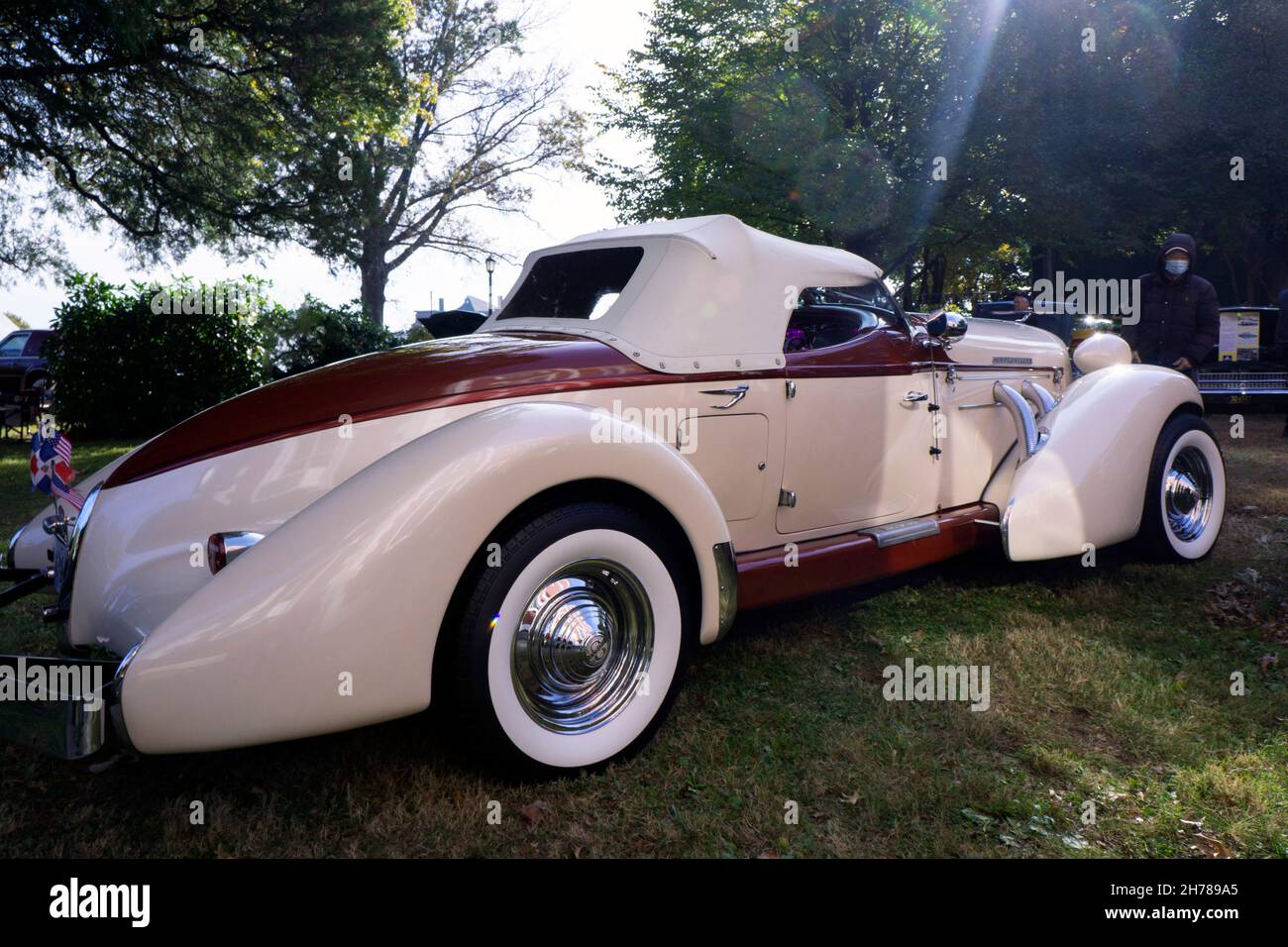 An antique 1936 Auburn Boattail Speedster convertible parked outside the Bayside Historical Society in Queens at a vintage car show. Stock Photo