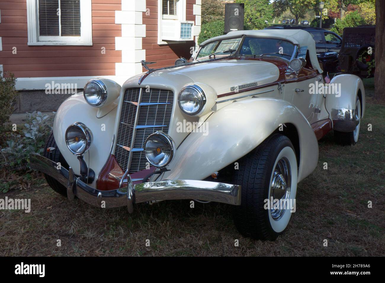 An antique 1936 Auburn Boattail Speedster convertible parked outside the Bayside Historical Society in Queens at a vintage car show. Stock Photo