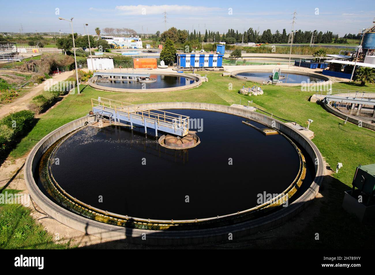 Sewerage treatment facility. The treated water is then used for irrigation and agricultural use. Photographed near Hadera, Israel Stock Photo