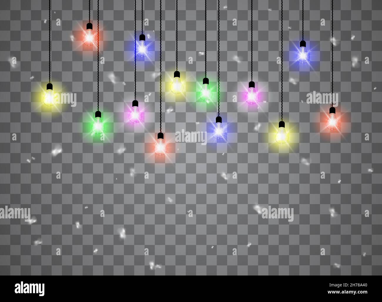 Christmas lights isolated realistic design elements. Glowing lights for Xmas Holiday cards, banners, posters, web design. Garlands decorations. Vector Stock Vector