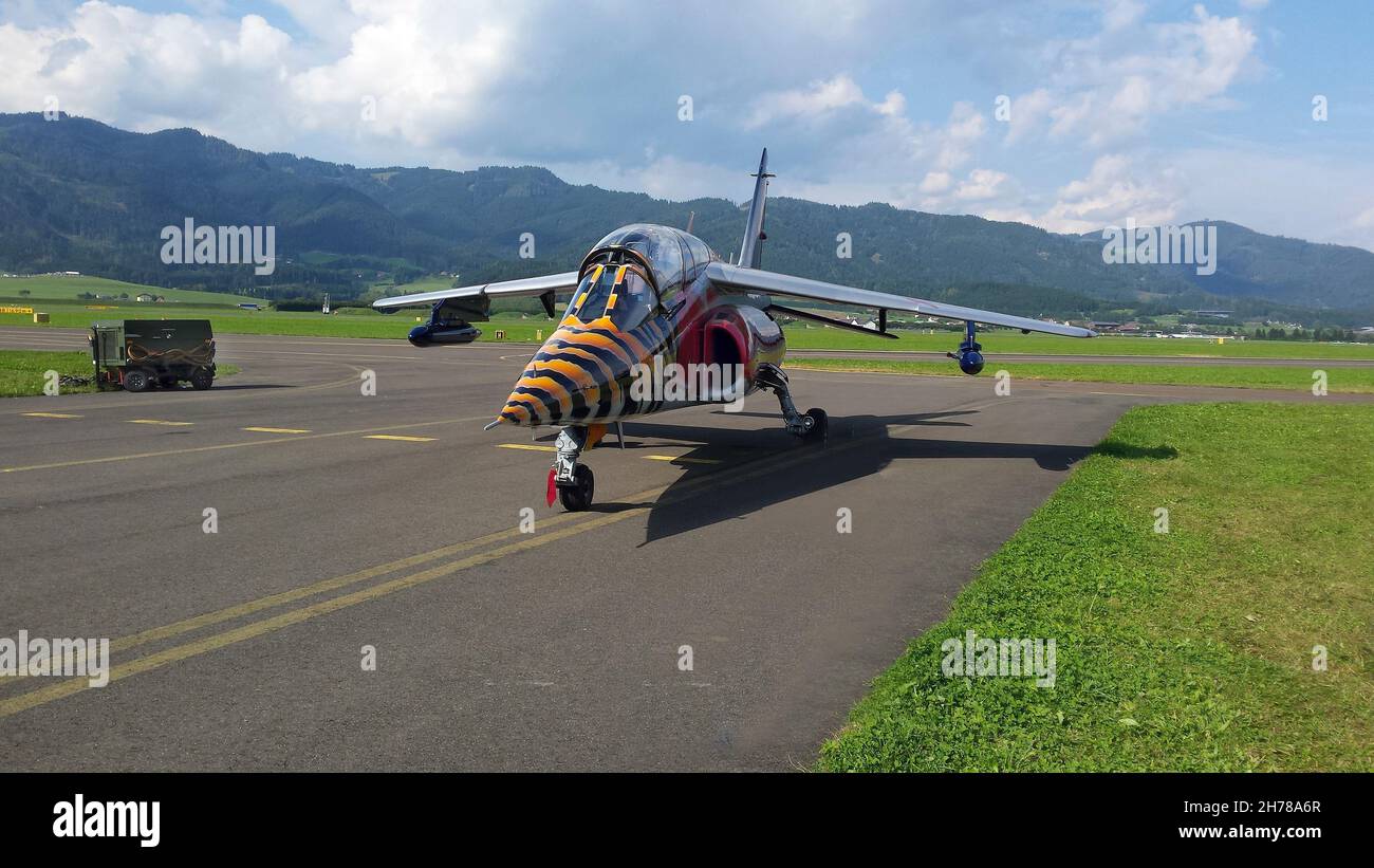 Zeltweg, Austria - July 01, 2011: Military training aircraft Alpha Jet on runway by airshow in Styria Stock Photo
